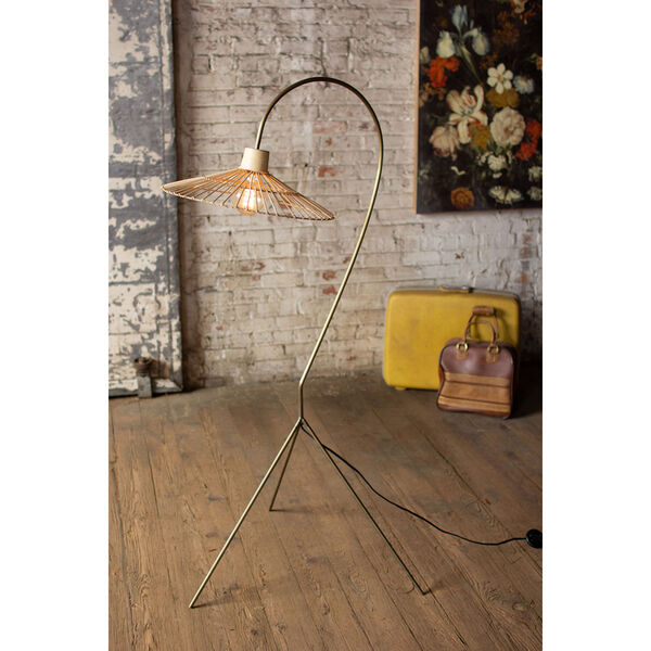 Antique Brass One-Light Floor Lamp with Rattan Umbrella Shade, image 2