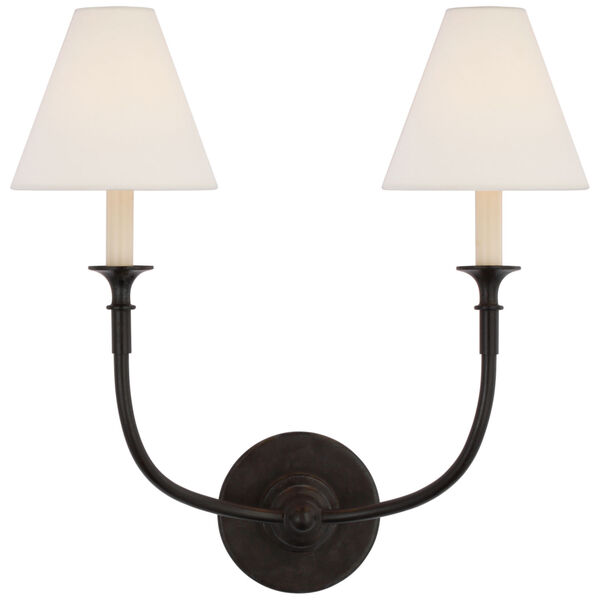 Piaf Double Sconce in Aged Iron with Linen Shades by Thomas O'Brien, image 1
