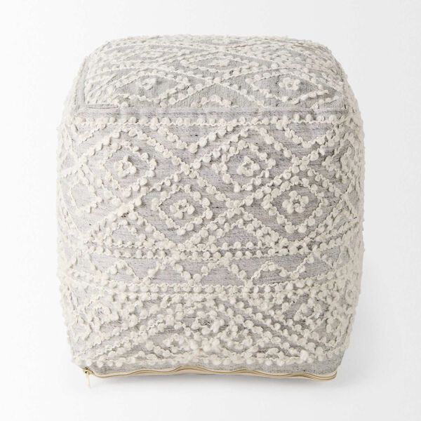 Farida Light Gray Wool and Polyester Patterned Pouf, image 4
