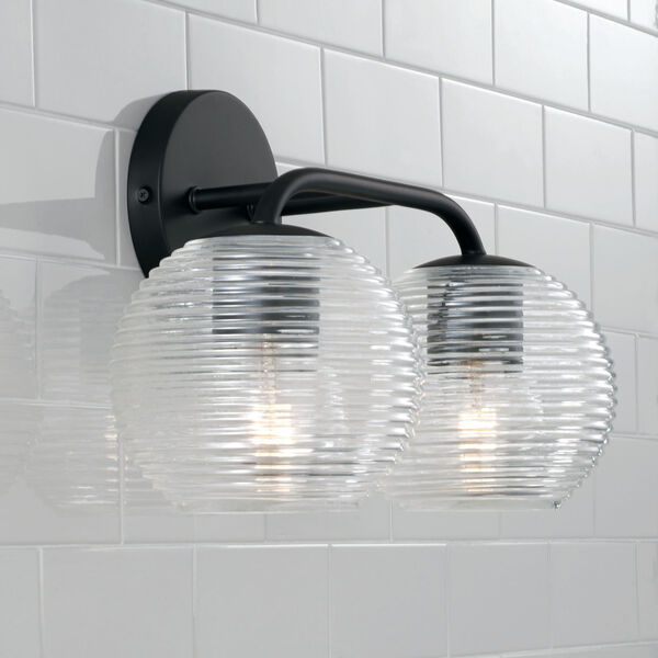 Dolan Matte Black Two-Light Bath Vanity with Clear Ribbed Glass, image 2