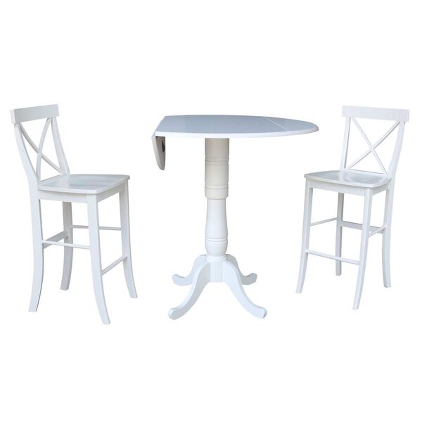 White Round Pedestal Bar Height Drop Leaf Table with Stools, 3-Piece, image 3