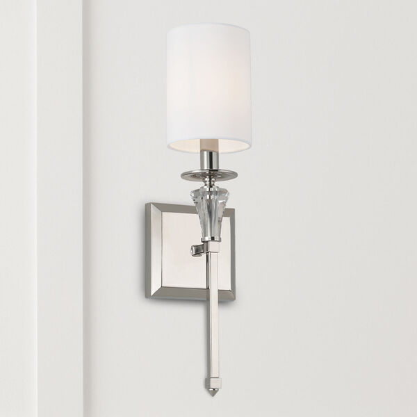 Laurent Polished Nickel and White One-Light Wall Sconce with White Fabric Stay Straight Shade and Crystal Bobeche, image 3