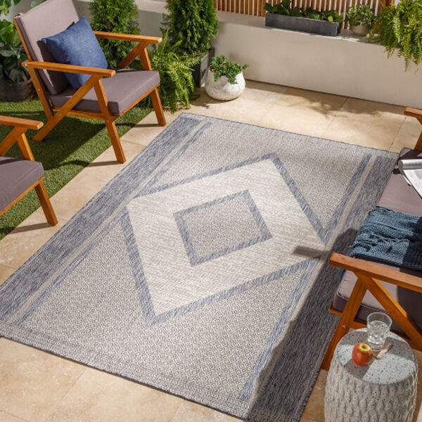 Tuareg Blue, Cream and Gray Rectangular Indoor and Outdoor Rug, image 2