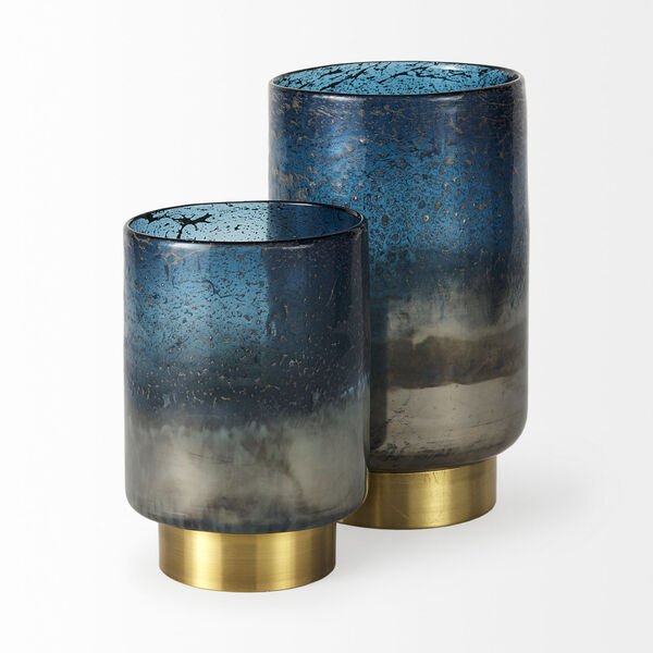 Caspian II Blue and Antique Brass Short Bottom Vase, image 3