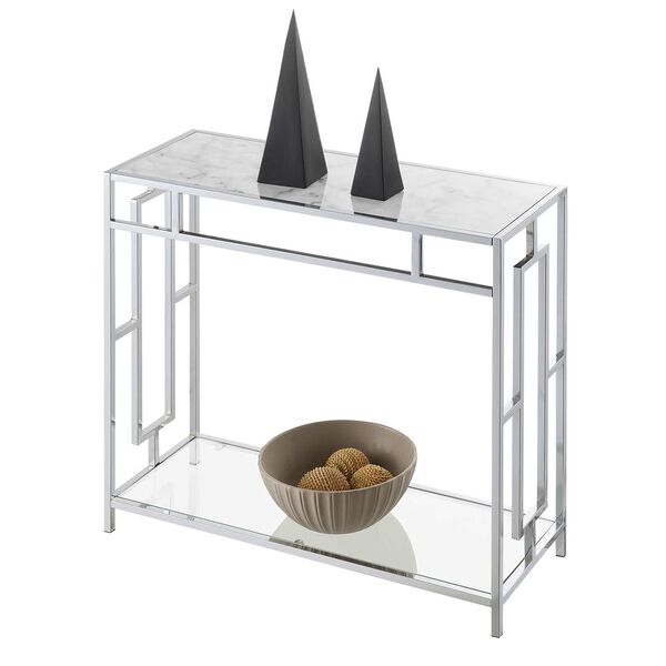 Town Square White Marble Glass Chrome Marble Glass Hall Table with Shelf, image 4