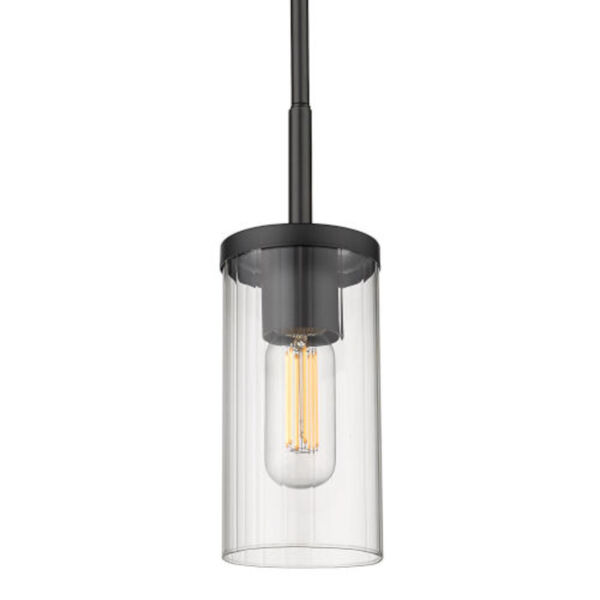 Elle Matte Black One-Light Mini Pendant with Ribbed Clear Glass Shade, image 1