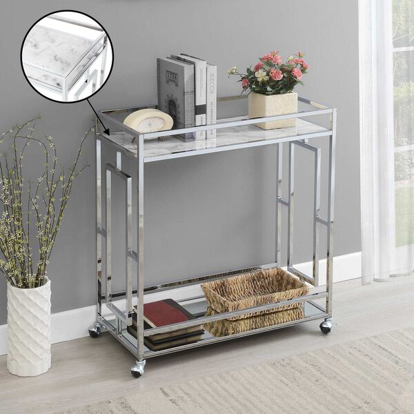 Town Square White Marble Mirror Chrome Marble Mirrored Bar Cart with Shelf, image 4