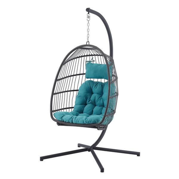 Gray and Teal Outdoor Swing Egg Chair with Stand, image 4