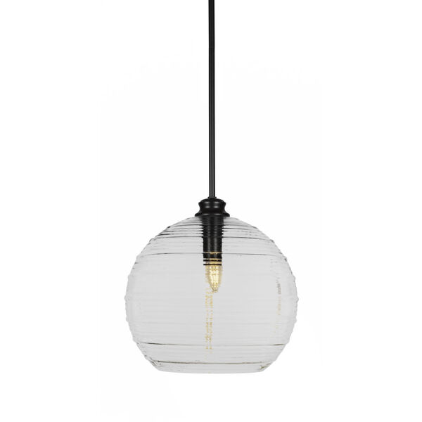 Malena Matte Black 14-Inch One-Light Stem Hung Pendant with Clear Ribbed Glass Shade, image 1
