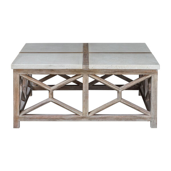 Catali Ivory Limestone and Oatmeal Washed Wood Coffee Table, image 3