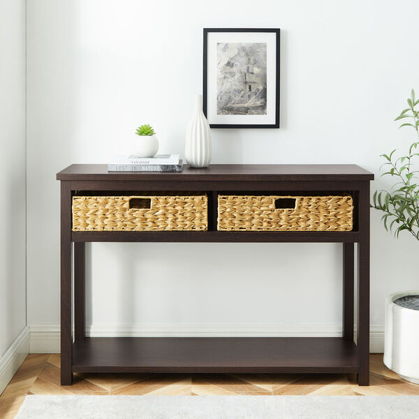 Espresso Storage Entry Table with Rattan Baskets, image 4