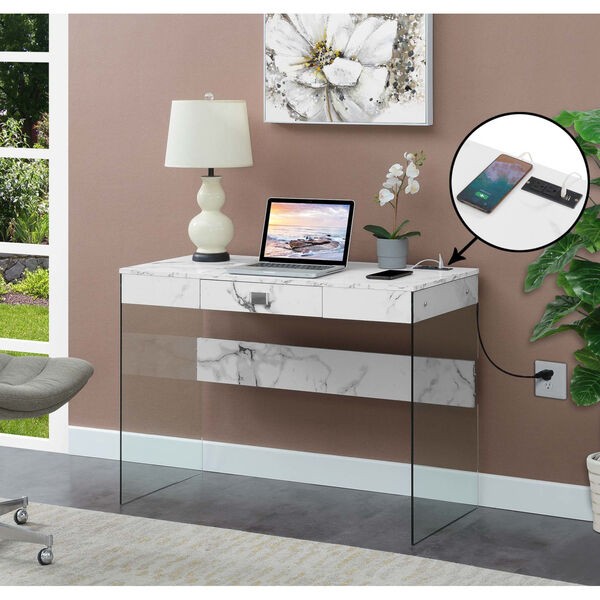 SoHo Faux White Marble Glass Desk with Charging Station, image 2