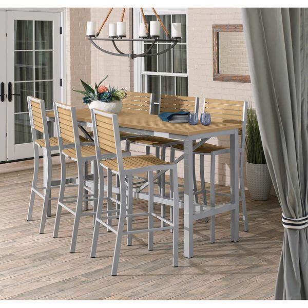Travira Natural Seven-Piece Outdoor Bar Table and Slat Bar Chair Set, image 2