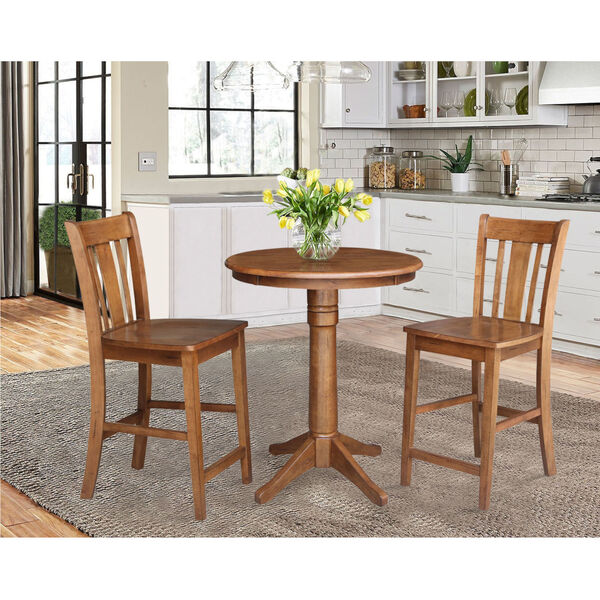 San Remo Distressed Oak 30-Inch Round Pedestal Gathering Table with Two Counter Height Stool, Set of Three, image 1