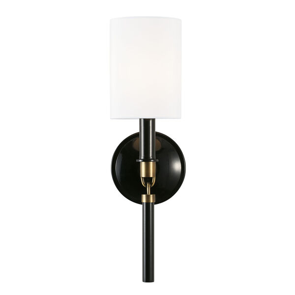Beckham Glossy Black and Aged Brass One-Light Wall Sconce with White Fabric Stay Straight Shade, image 2