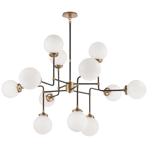 Bistro Medium Chandelier in Hand-Rubbed Antique Brass with White Glass by Ian K. Fowler, image 1