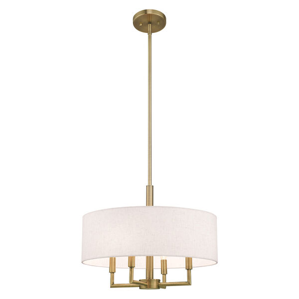Meridian Antique Brass 18-Inch Four-Light Pendant Chandelier with Hand Crafted Oatmeal Hardback Shade, image 4