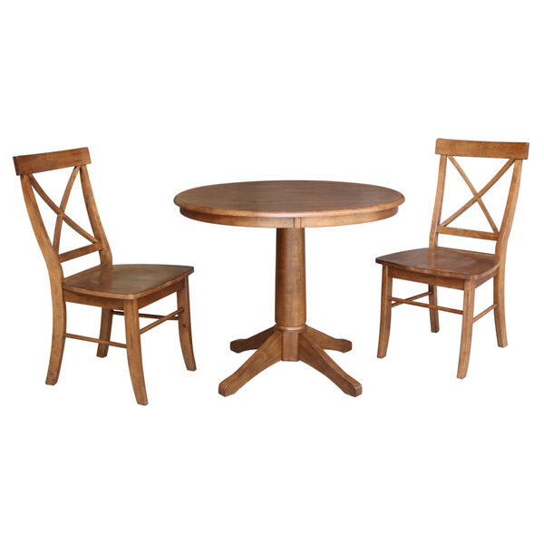 Distressed Oak 36-Inch Round Top Pedestal Table with Two X-Back Chair, Set of Three, image 2