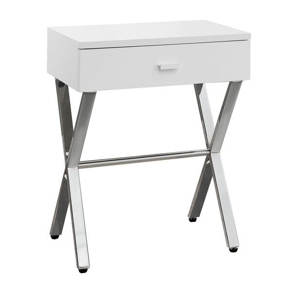 Accent Table - Glossy White / Chrome Metal Night Stand, image 2