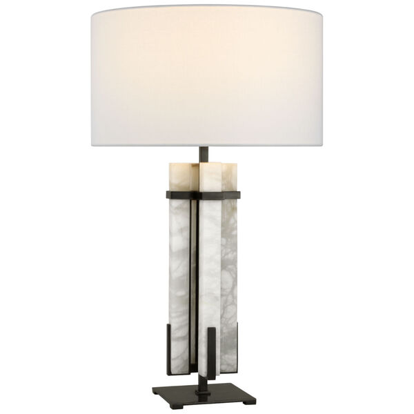 Malik Large Table Lamp in Bronze and Alabaster with Linen Shade by Ian K. Fowler, image 1