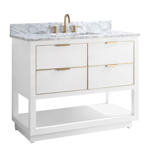 White 43-Inch Bath vanity with Gold Trim and Carrara White Marble Top, image 2