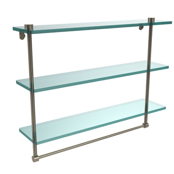 22 Inch Triple Tiered Glass Shelf with Integrated Towel Bar, Antique Pewter, image 1
