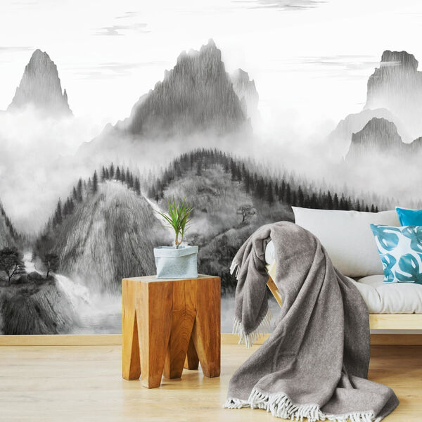 Black and White Majestic Mountains Peel and Stick Mural, image 3