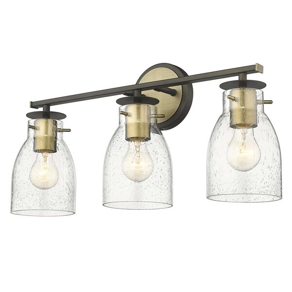 Shelby Oil Rubbed Bronze and Antique Brass Three-Light Bath Vanity with Clear Seedy Glass, image 3