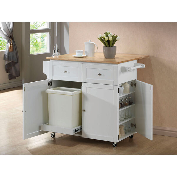 Natural Brown and White Trash Compartment and Spice Rack Kitchen Cart with Leaf, image 1