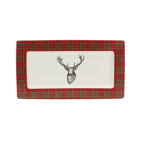 Red Ceramic Plaid Deer Platter Holiday Tabletop Decor, Set of Two, image 1