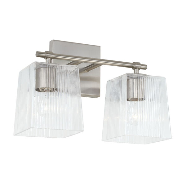Lexi Brushed Nickel Two-Light Bath Vanity with Clear Fluted Square Glass Shades, image 1