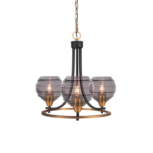 Paramount Matte Black Brass Three-Light Chandelier with Smoke Ribbed Glass, image 1