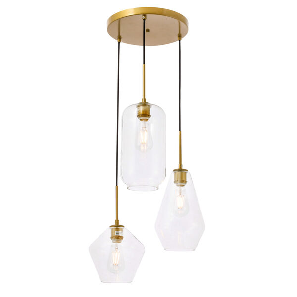 Gene Brass 17-Inch Three-Light Pendant with Clear Glass, image 1