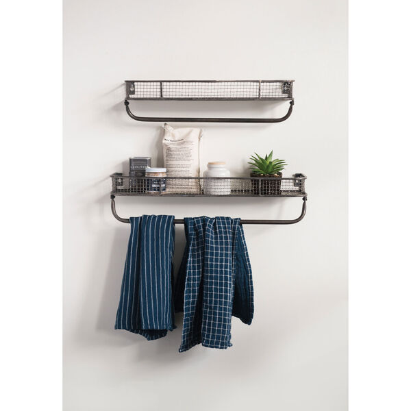 Casual Country Grey Metal Wall Shelves with Hanging Bar - Set of 2, image 3