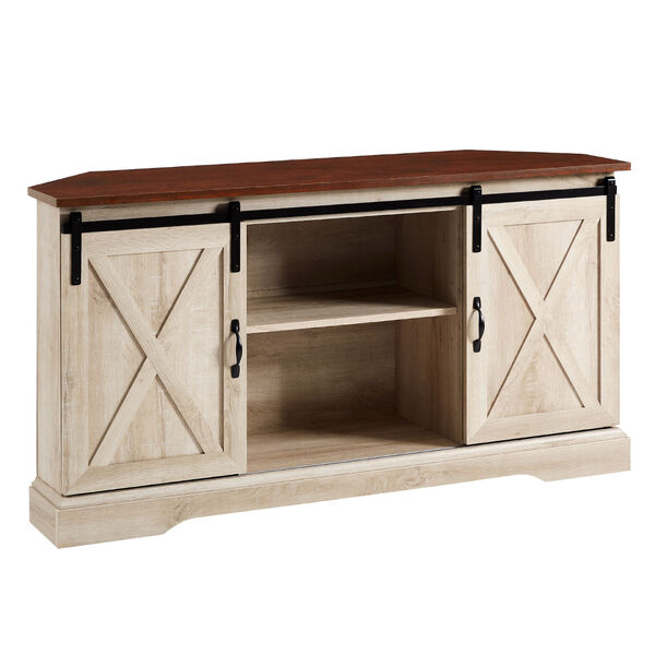 Traditional Brown and White Oak Sliding Barn Door Corner TV Stand, image 1
