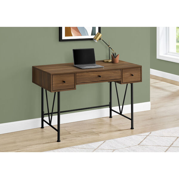 Walnut and Black Computer Desk with Three Drawers, image 2