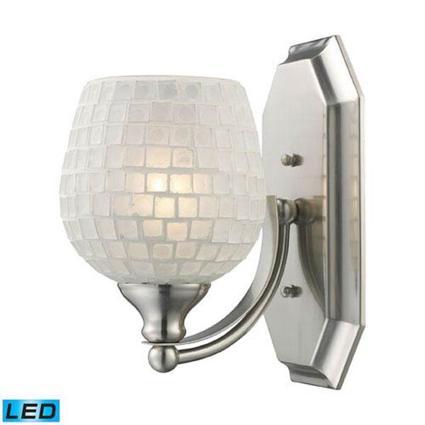 Vanity One Light LED Bath Fixture In Satin Nickel And White Mosaic Glass, image 1