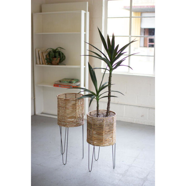 Rattan Wood Round Seagrass Planters with Iron Bases, Set of Two, image 1