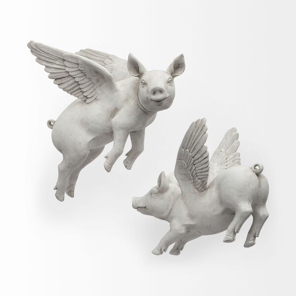 Hogbadi White Flying Pig Wall Sculpture, Set of Two, image 3
