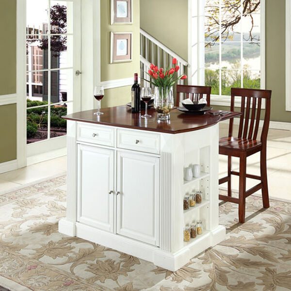 Drop Leaf Breakfast Bar Top Kitchen Island in White Finish with 24-Inch Cherry School House Stools, image 5