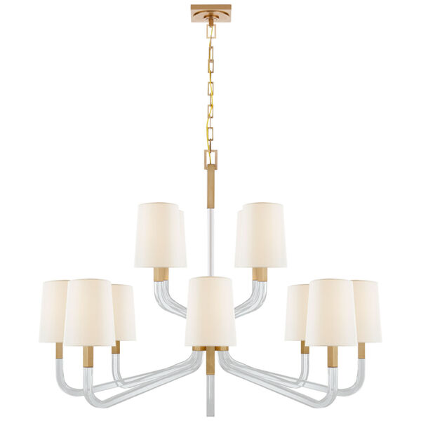 Reagan Grande Two Tier Chandelier in Antique-Burnished Brass and Crystal with Linen Shades by Chapman  and  Myers, image 1