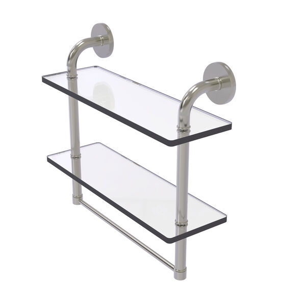Remi Satin Nickel 16-Inch Two Tiered Glass Shelf with Integrated Towel Bar, image 1