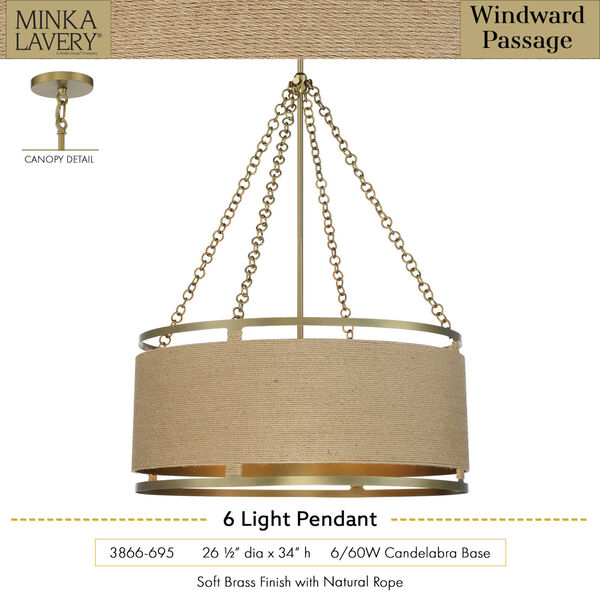 Windward Passage Rope Wrapped Soft Brass Six-Light Pendant, image 4