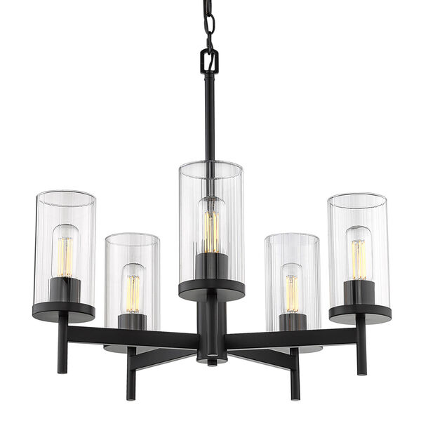Winslett Matte Black 24-Inch Five-Light Chandelier with Ribbed Clear Glass Shade, image 1