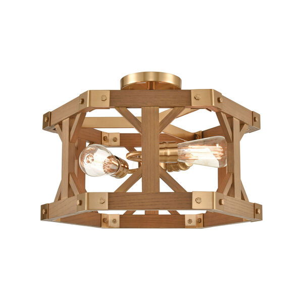 Structure Satin Brass and Medium Oak Three-Light Semi Flush Mount, image 1