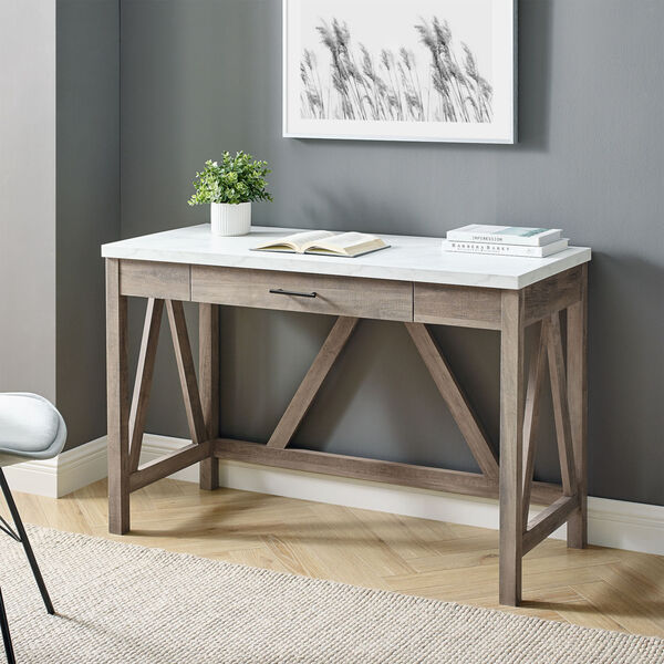 A-Frame Faux White Marble and Grey Wash 46-Inch Computer Desk with Drawer, image 1