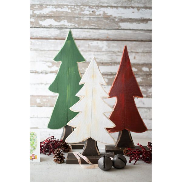 Green, White and Red Painted Wooden Christmas Trees - One Each Color, Set of 3, image 1