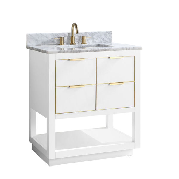 White 31-Inch Bath vanity with Gold Trim and Carrara White Marble Top, image 2