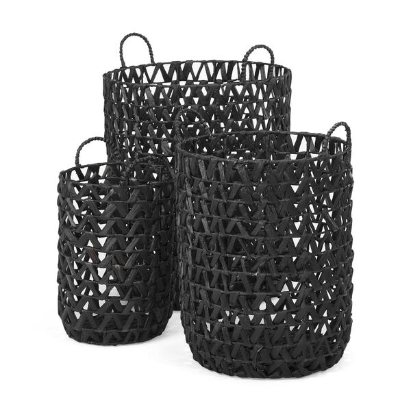 Lola Black Hyacinth Zig Zag Weave Round Basket with Handles, Set of 3, image 1