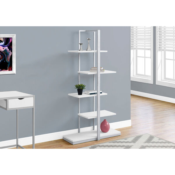 White 60-Inch Bookcase with Silver Metal, image 1